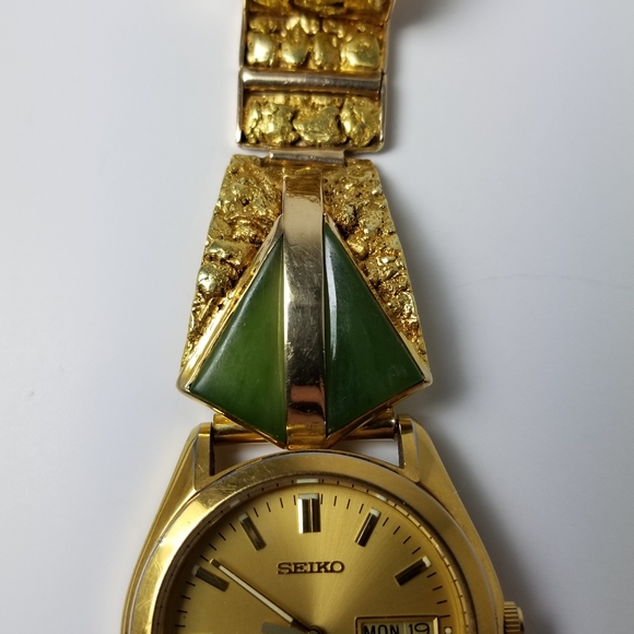 Gold nuggets and green jade men's watch Fresh Battery, Box - Picture 13 of 16